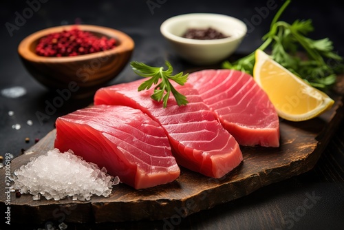 Close up of Fresh raw Tuna fillet steak and sashimi