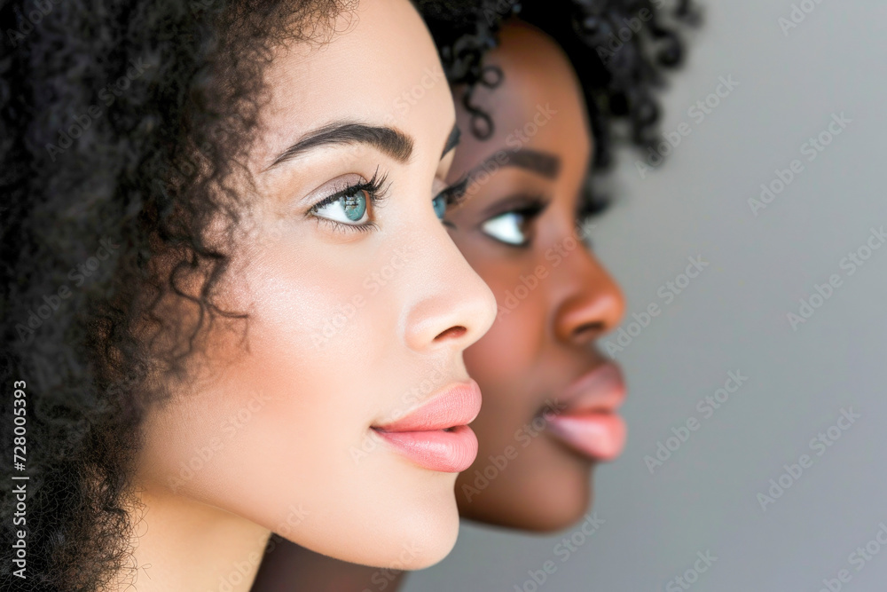 Portrait of multiracial women in studio looking at camera over grey background Portrait of multiracial women in studio looking at camera over grey background