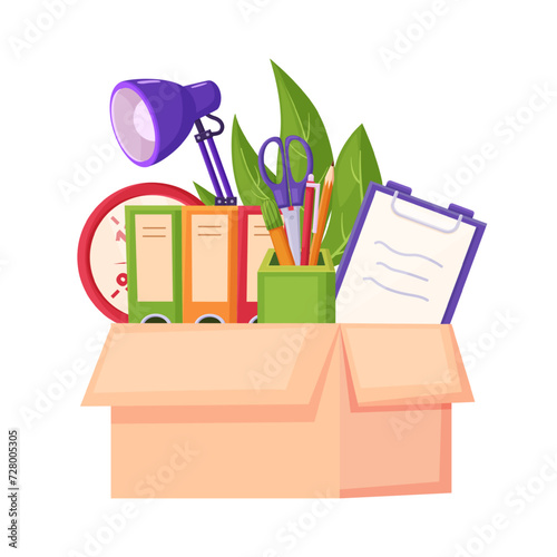 Cartoon office box tools. Folders, plant and stationery for work place in cardboard pack. Dismissal, relocation or charity, nowaday vector scene