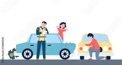 Car accidents. Drivers and road police, broken cars. Traffic police officer issues fine for accident. Woman driver in shock and sad man, vector scene