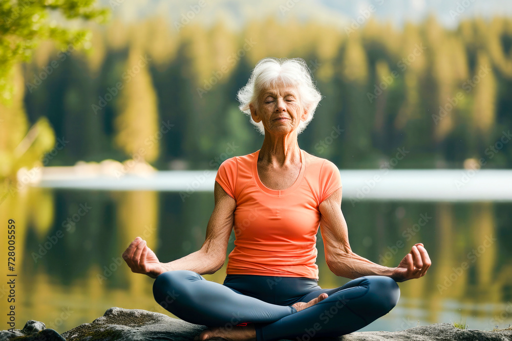 senior woman in sportswear meditating in front of a lake