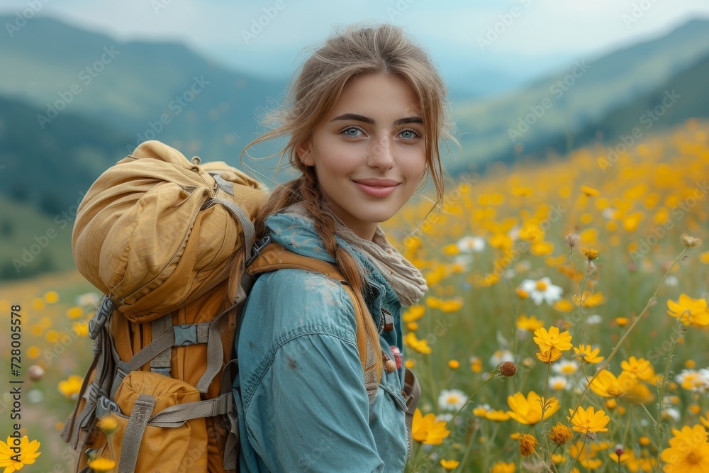 A smiling woman in outdoor clothing stands in a vibrant field of yellow flowers, surrounded by the beauty of nature and the majestic mountains in the distance