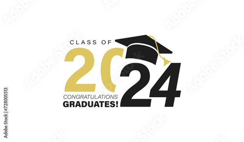 Class of 2024 graduation typography template. Congratulations graduates celebration design for college, high school, university. Tassel and cap vector illustration. Educational milestone graphic art.