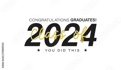 Class of 2024 graduation typography template. Congratulations graduates celebration design for college, high school, university. Tassel and cap vector illustration. Educational milestone graphic art.