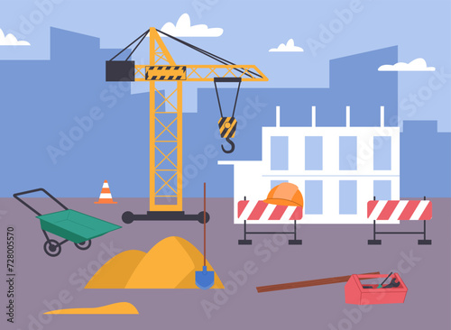 Construction site. Building crane, fencing and cone. Heaps of sand and wheelbarrow, tools and equipment for renovation. New apartment house, vector scene