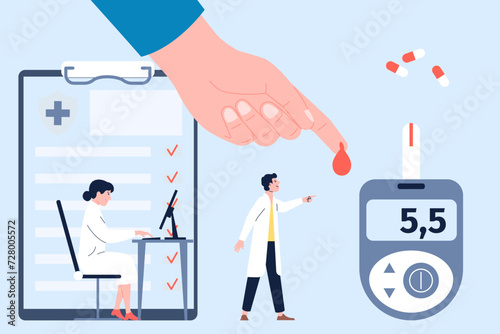 Diabetes, glucose blood test with doctors. Scientist and laboratory research, doctor and giant hand of patient with red drop. Vector healthcare concept