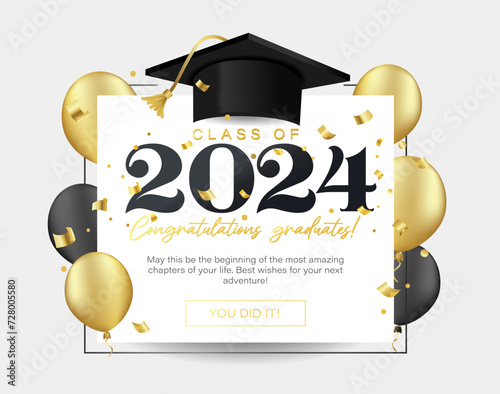 Class of 2024 Vector Illustration. Congratulations Graduates template for banner, invitation, greeting card. Graduation ceremony elegant design with Graduation Cap. Gold, black and white colors.