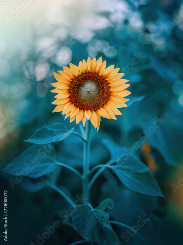 Close up of a single yellow sunflower against aqua colored background filled with bokeh bubbles. Soft, blurred background with warm light in the corner (ID: 728005712)