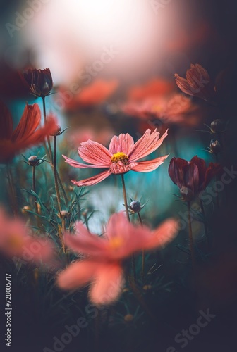 Close-up of a single cosmos flower with red petals. Dreamy light with bokeh bubbles in the background and out of focus in the foreground. Magical summer meadow scenery (ID: 728005717)