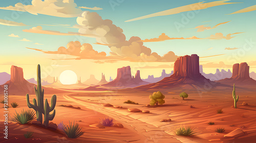 Illustrated carrtoon desert, desert landscape, landscape, desert, wild west desert