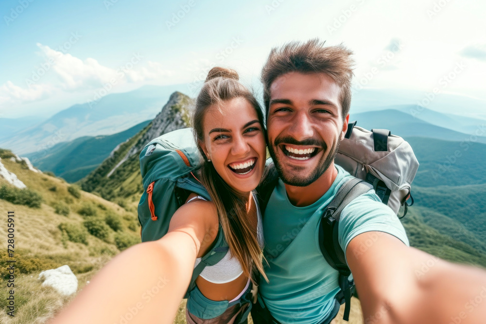 Cheerful couple of hikers taking selfie on top of the mountain