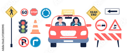 Traffic road signs. Driving school elements, young drive female student in car with instructor. Rules symbols, traffic light and renovation sign, vector set