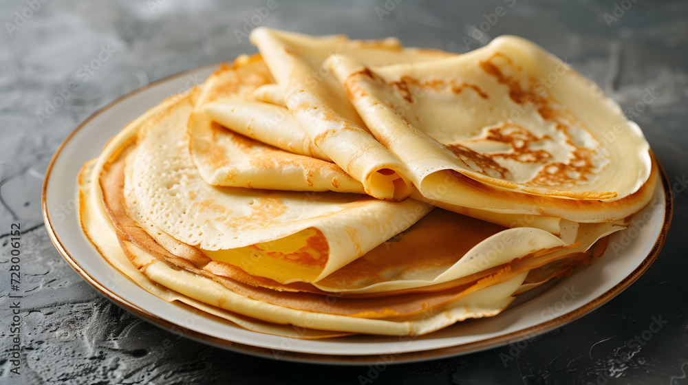 Plate with tasty pancakes on grey textured background, closeup Plate with tasty pancakes on grey textured background, closeup
