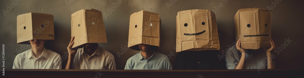 Expressive Encounters: Five Individuals don Paper Bags in a Danish Design-inspired Stop-Motion Animation - obrazy, fototapety, plakaty 