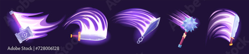Medieval weapon attack effect. Swords and hammer with hit light effects. Game weapons in action, flash motions and punch nowaday vector set