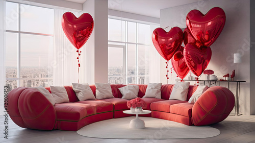 The red sofa in the white living room is decorated with red heart-shaped balloons for Valentine's Day