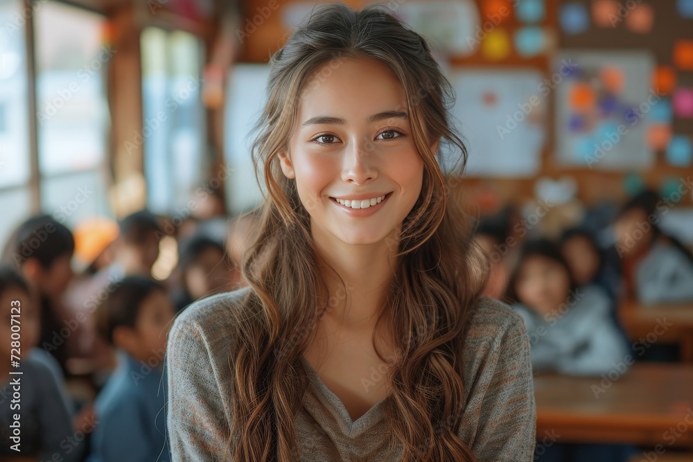 A radiant young woman exudes warmth and joy as she stands indoors, her brown hair framing her glowing face, adorned in stylish clothing and flashing a charming smile towards the camera