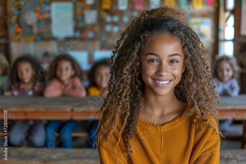 Wallpaper Mural A young woman's radiant smile captures the essence of pure joy as she poses for the camera, showcasing her effortless beauty and trendy clothing in both indoor and outdoor settings Torontodigital.ca