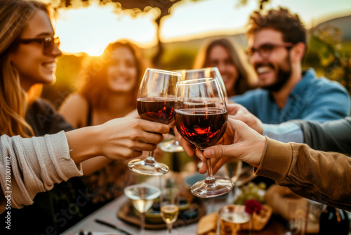 Happy friends toasting red wine glasses at dinner party