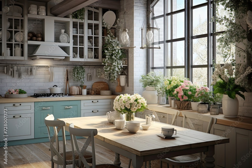 Spring interior of a modern kitchen with bouquets of flowers - spring time, spring mood