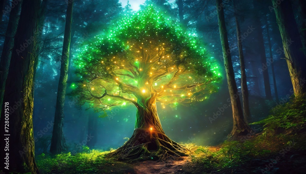 Fototapeta premium tree of life, a symbol of hope things will get better in the world, in a dark forest with twinkling lights in the foliage. mental, physical, spiritual health