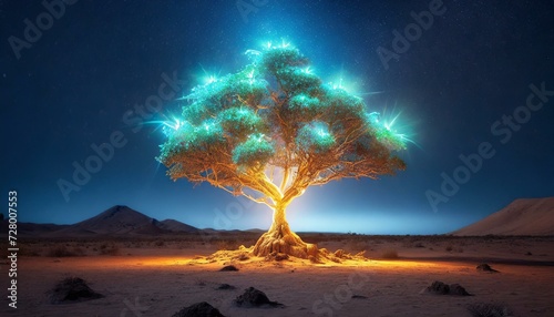 tree of life, a symbol of hope things will get better in the world, in the Middle Eastern desert at night with glowing peaceful, serene moonlight foliage. mental, physical, spiritual health