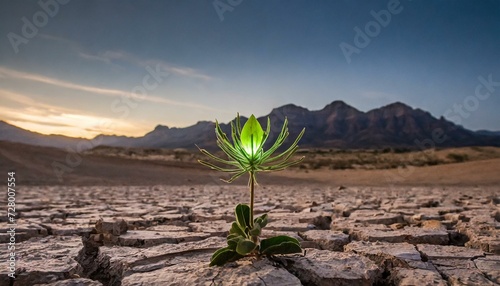 A glowing green seed rests peacefully among a baron sandy wasteland, signalling hope for the environment and recovery from pollution to promote eco friendly sustainability and reduced carbon emissions photo