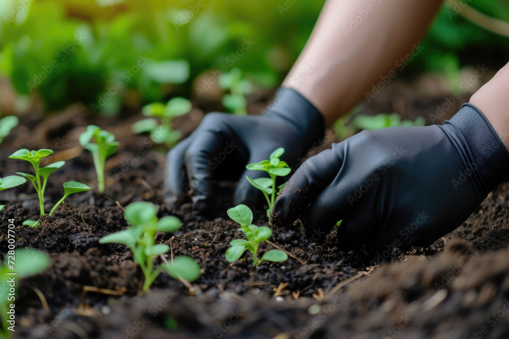Growing new plants on farm or garden. Hands in gloves work with fresh green baby sprouts in soil Growing new plants on farm or garden. Hands in gloves work with fresh green baby sprouts in soil