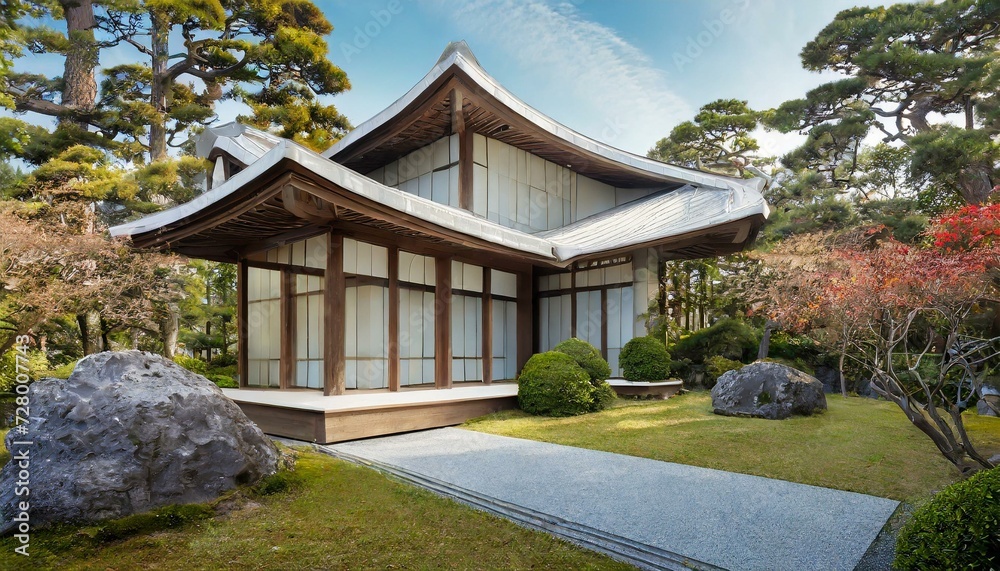 wooden concept image of modern architecture in the style of old oriental, asian and Japanese buildings surrounded by traditional Japanese garden with trees, sakura, blossom, concrete path and wood