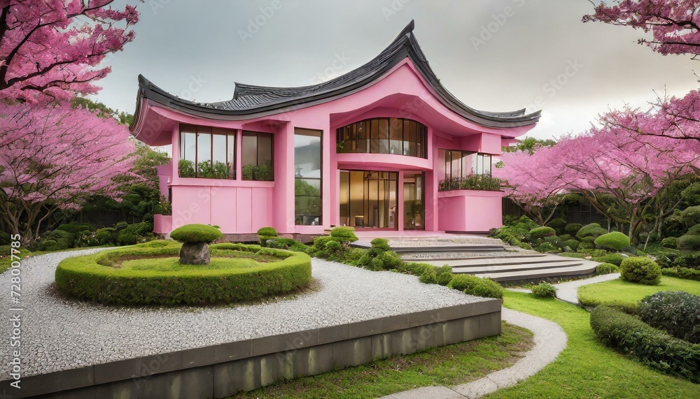 Pink concept image of modern architecture in the style of old oriental, asian and Japanese buildings surrounded by traditional Japanese garden with trees, sakura, blossom, concrete path and wood