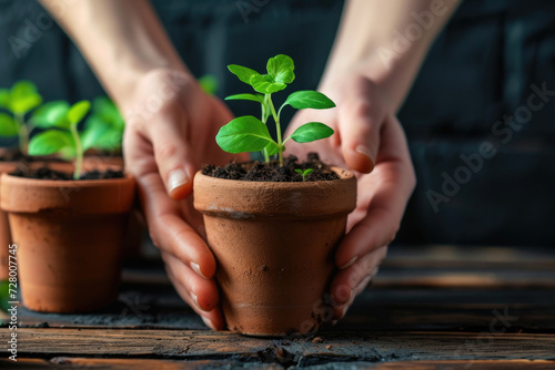 A clay pot with a sprout of a newly planted plant in hands over a wooden table. Ecological cultivation of plants and seedlings at home