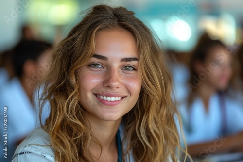 Wallpaper Mural A joyful lady with a surfer hair and feathered layers, sporting a contagious smile and radiant brown hair, looks directly into the camera with a glimmer in her eye, exuding a carefree and confident a Torontodigital.ca