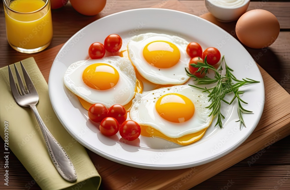 Fried eggs close up on a white plate with herbs on table. Traditional delicious breakfast. Fried eggs close up on a white plate with herbs on table. Traditional delicious breakfast.
