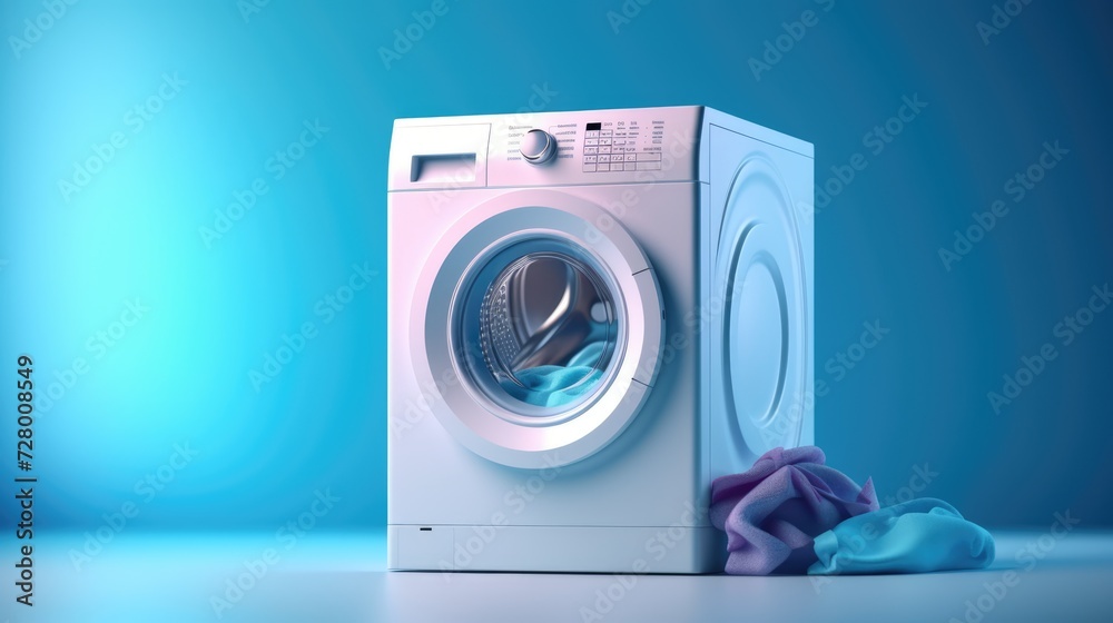 A washing machine set against a vibrant blue background with clothes creates a visually engaging and dynamic laundry scene.