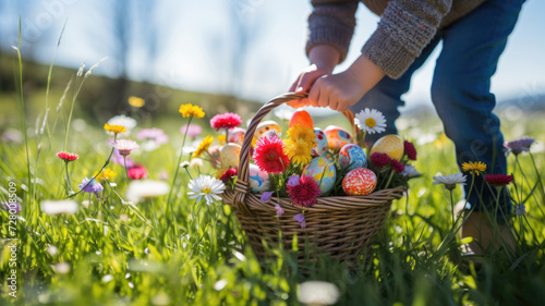 Child holding basket of colorful Easter eggs in sunny garden, eggs hunting
