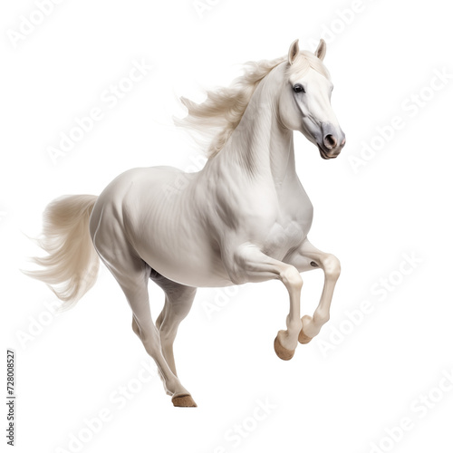 White Horse in epic Pose isolated on transparent and white background. Ideal for use in advertising. Generative ai