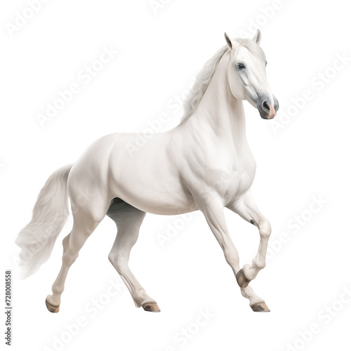 Celestial Grace  White Horse in epic Pose isolated on transparent and white background. Ideal for use in advertising. Generative ai