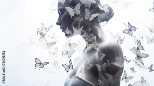 Woman profile with butterflies dispersing from head  concept of mental health