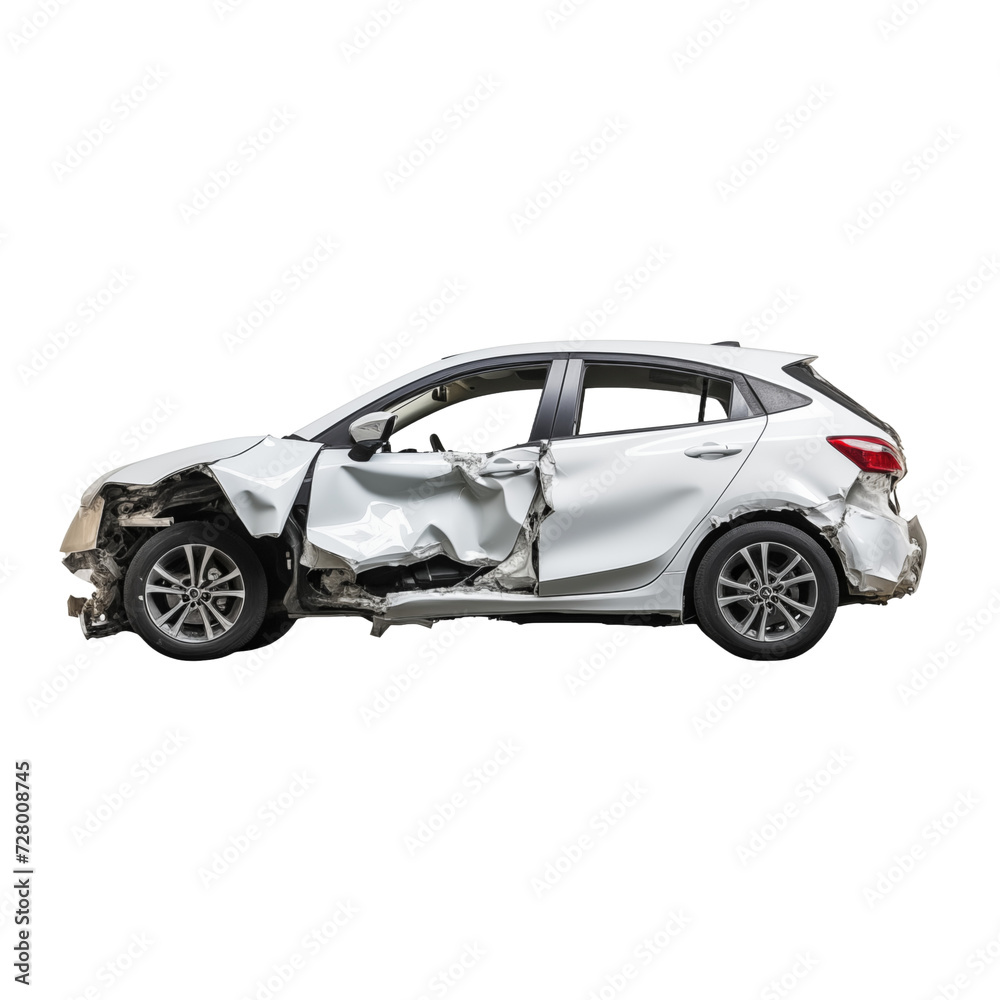 Roadside Collision: Damaged Car After Accident isolated on transparent and white background. Ideal for use in advertising. Generative ai