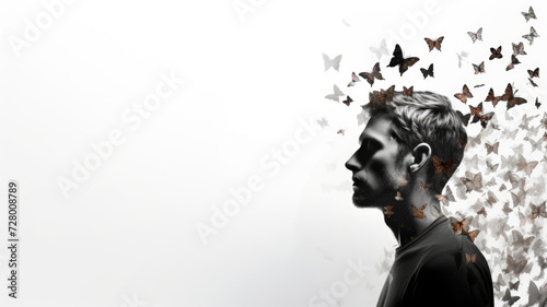 Man profile with butterflies flying from head, concept of mental health