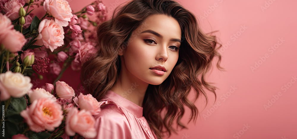 A young brunette woman with a hairstyle of spring flowers in her hair on a pink solid background with copy space. Feminine beauty portrait, makeup, hairstyle, stylist, feminine energy. A young brunette woman with a hairstyle of spring flowers in her hair on a pink solid background with copy space. Feminine beauty portrait, makeup, hairstyle, stylist, feminine energy.
