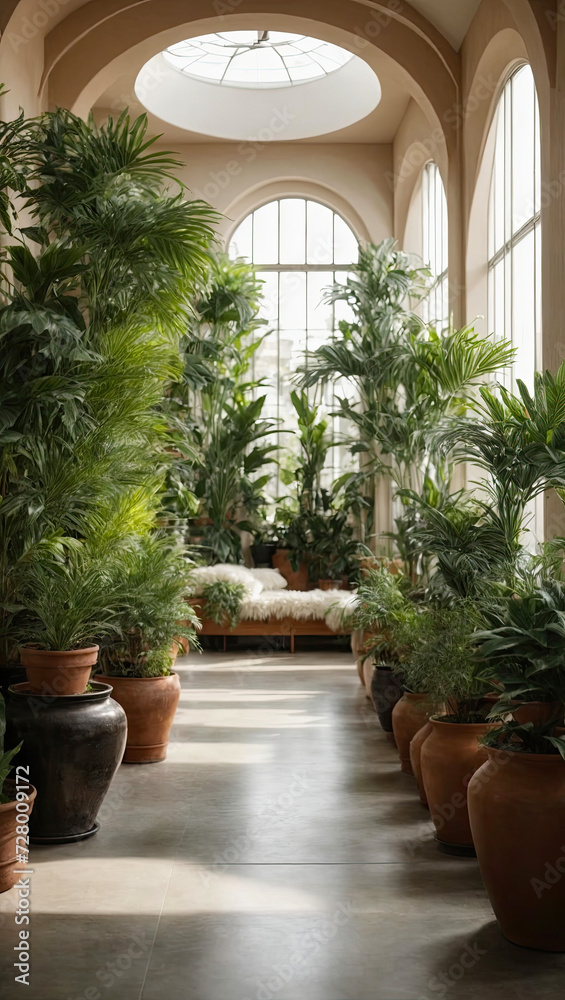 Interior of the living room of a green house, a winter garden, a glazed veranda in eco-style made of natural materials and many homemade potted plants in wicker flowerpot. Interior of the living room of a green house, a winter garden, a glazed veranda in eco-style made of natural materials and many homemade potted plants in wicker flowerpot.