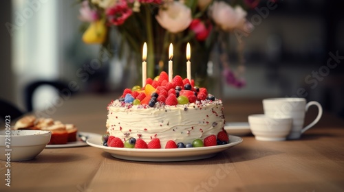 A beautiful white cake with juicy berries and fruits  a birthday cake. Decoration of a holiday  birthday.