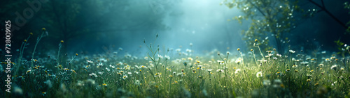 panorama of meadow with chamomile or wildflowers