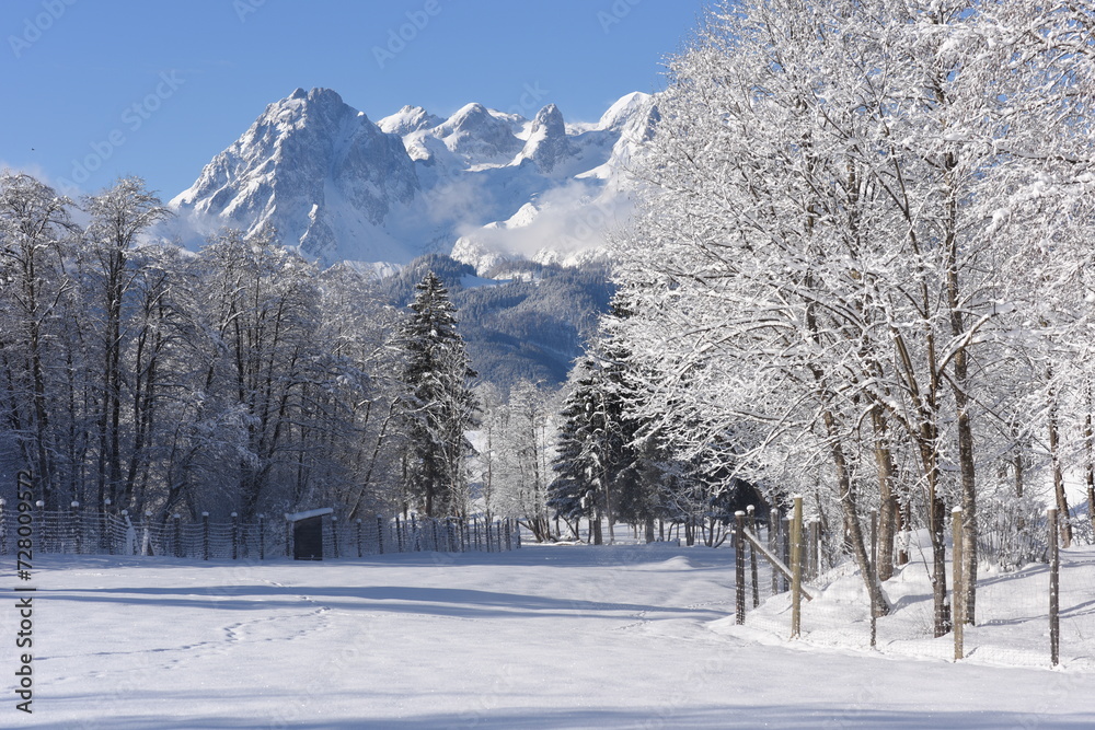 Obraz premium Winter landscape at early morning in ski resort, Austria. Europe.