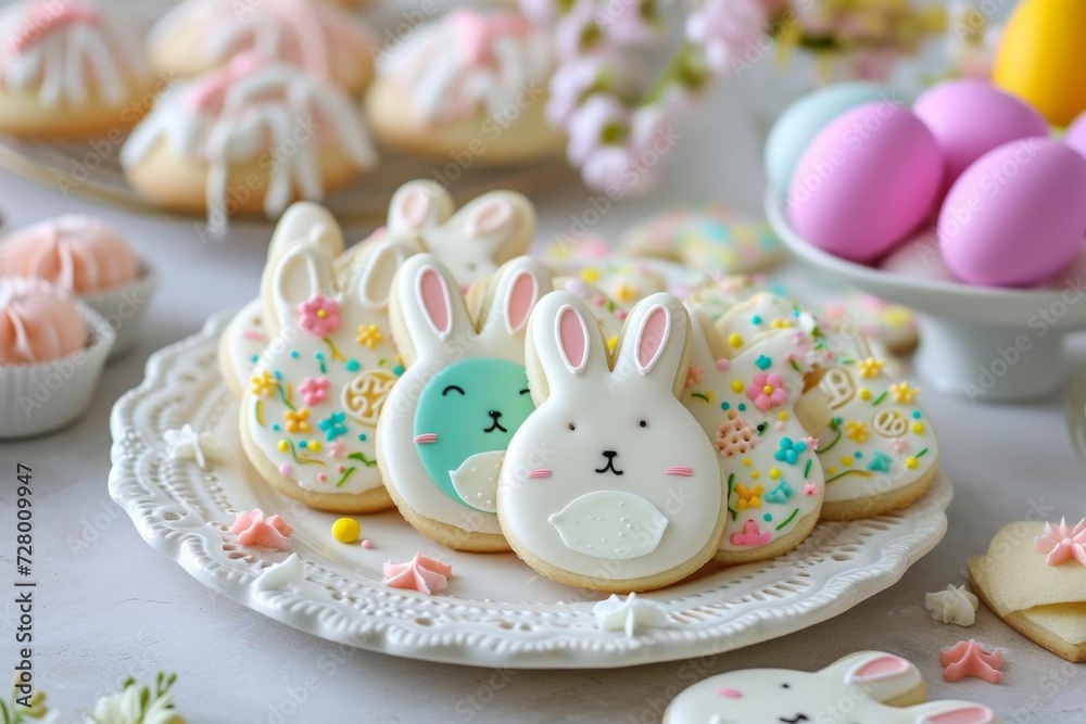 Bunny-shaped cookies and easter treats on a decorative plate Bunny-shaped cookies and easter treats on a decorative plate