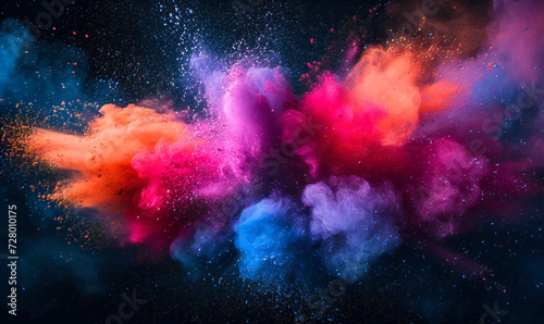 Freeze motion of splatted colored powder explosion isolated on a dark abstract background.