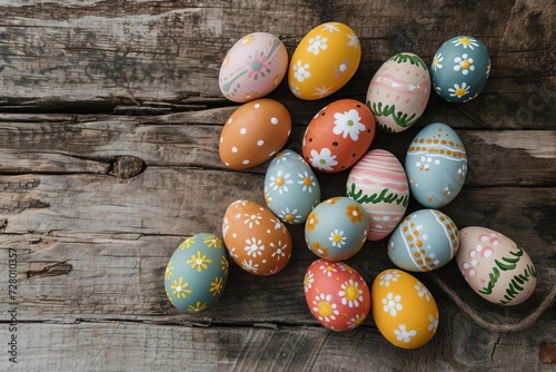 Hand-painted easter eggs arranged artistically on a rustic wooden table