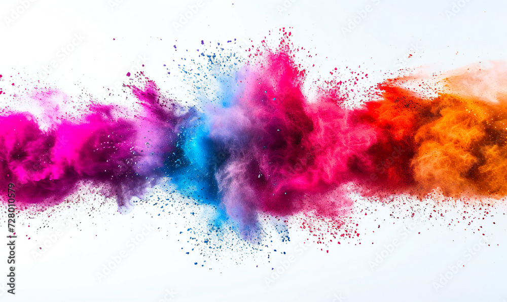 Freeze motion of splatted colored powder explosion isolated on a white abstract background.