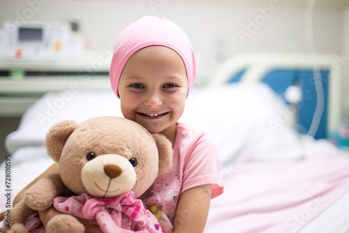 Little girl with cancer smiling and holding a teddy bear in a hospital bed.